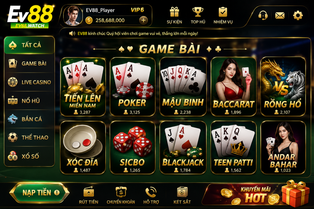 Giao diện sảnh Game Bài EV88 với nhiều bàn chơi như Tiến Lên, Poker, Mậu Binh, Baccarat và Rồng Hổ được thiết kế hiện đại