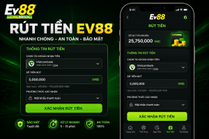 Giao diện mục Rút Tiền EV88 hiển thị tài khoản ngân hàng, ô nhập số tiền và nút xác nhận trên điện thoại