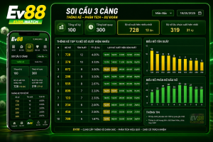 Bảng thống kê soi cầu 3 càng hiển thị các bộ số, tần suất xuất hiện và biểu đồ phân tích trên giao diện EV88